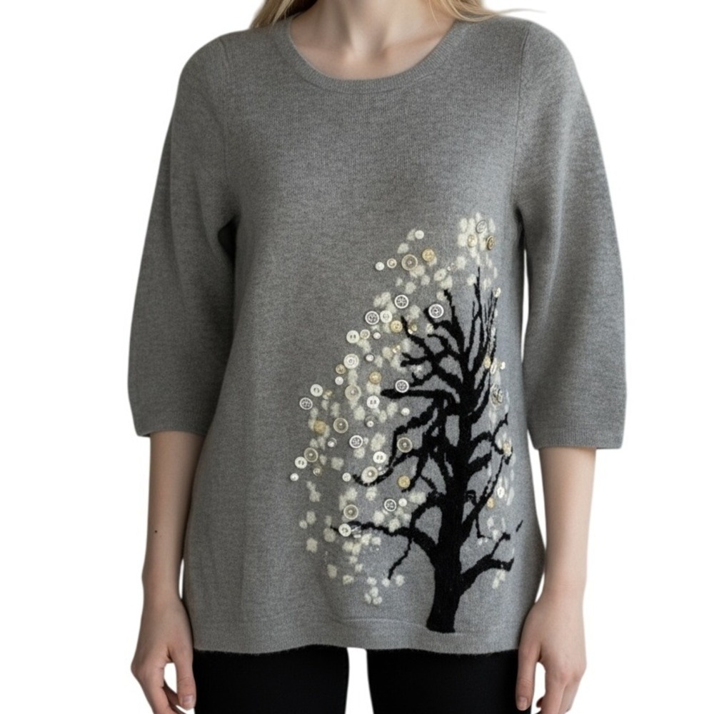 ANTHROPOLOGIE HWR Monogram Gray Button & Tree Motif Sweater EUC Size‎ Small